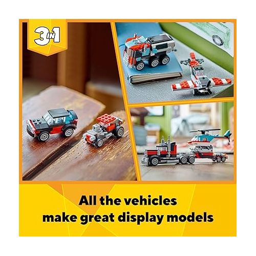  LEGO Creator 3 in 1 Flatbed Truck with Helicopter Toy, Transforms from Flatbed Truck Toy to Propeller Plane to Hot Rod and SUV Car Toys, Gift Idea for Boys and Girls Ages 7 Years Old and Up, 31146