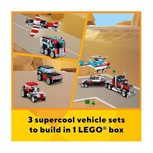  LEGO Creator 3 in 1 Flatbed Truck with Helicopter Toy, Transforms from Flatbed Truck Toy to Propeller Plane to Hot Rod and SUV Car Toys, Gift Idea for Boys and Girls Ages 7 Years Old and Up, 31146