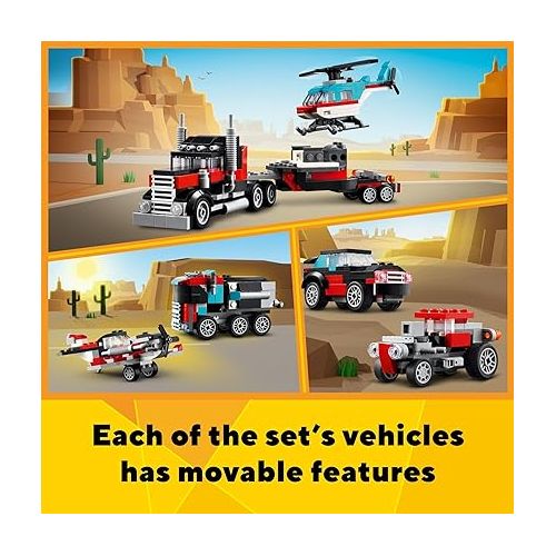  LEGO Creator 3 in 1 Flatbed Truck with Helicopter Toy, Transforms from Flatbed Truck Toy to Propeller Plane to Hot Rod and SUV Car Toys, Gift Idea for Boys and Girls Ages 7 Years Old and Up, 31146