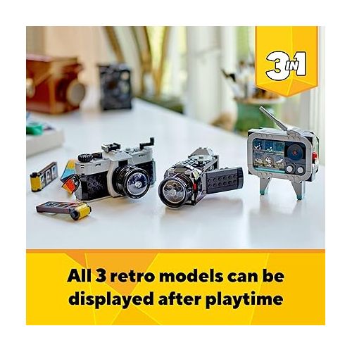  LEGO Creator 3 in 1 Retro Camera Toy, Transforms from Toy Camera to Retro Video Camera to Retro TV Set, Photography Gift for Boys and Girls Ages 8 Years Old and Up Who Enjoy Creative Play, 31147