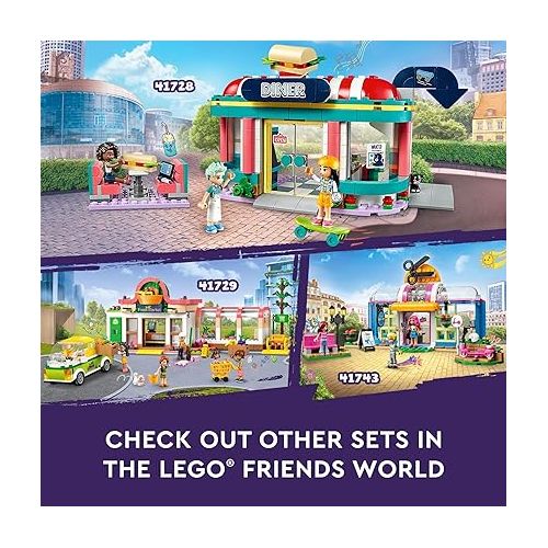  LEGO Friends Heartlake Downtown Diner Building Toy - Restaurant Pretend Playset with Food, includes Mini-Dolls Liann, Aliya, and Charli, Birthday Gift Toy Set for Boys and Girls Ages 6+, 41728