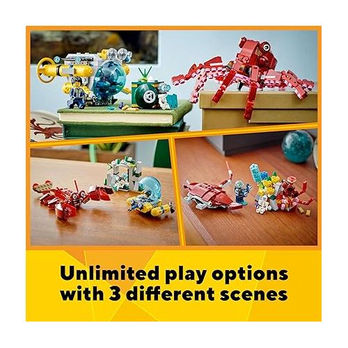  LEGO Creator 3 in 1 Sunken Treasure Mission Submarine Toy, Underwater Creatures Transform from Octopus tp Lobster to Manta Ray, Fun Sea Animal Figures, 31130