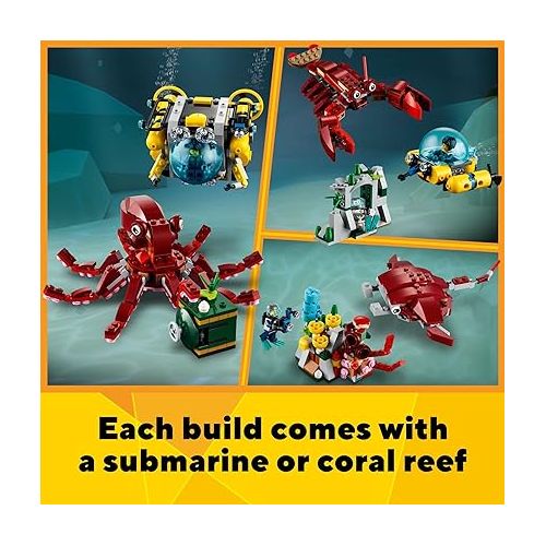  LEGO Creator 3 in 1 Sunken Treasure Mission Submarine Toy, Underwater Creatures Transform from Octopus tp Lobster to Manta Ray, Fun Sea Animal Figures, 31130