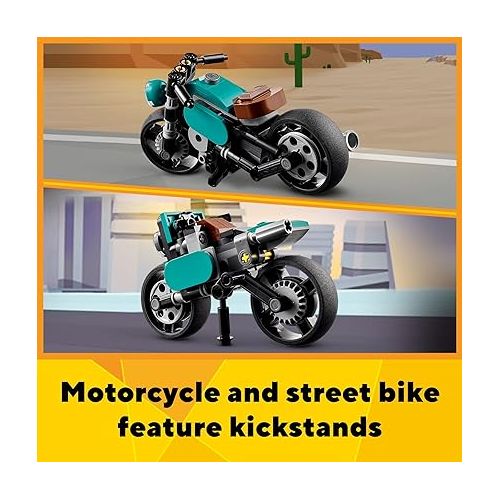  LEGO Creator 3 in 1 Vintage Motorcycle Set, Transforms from Classic Motorcycle Toy to Street Bike to Dragster Car, Vehicle Building Toys, Great Gift for Boys, Girls, and Kids 8 Years Old and Up, 31135