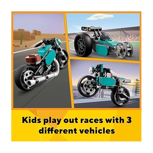  LEGO Creator 3 in 1 Vintage Motorcycle Set, Transforms from Classic Motorcycle Toy to Street Bike to Dragster Car, Vehicle Building Toys, Great Gift for Boys, Girls, and Kids 8 Years Old and Up, 31135