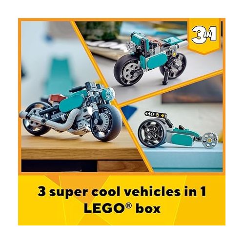  LEGO Creator 3 in 1 Vintage Motorcycle Set, Transforms from Classic Motorcycle Toy to Street Bike to Dragster Car, Vehicle Building Toys, Great Gift for Boys, Girls, and Kids 8 Years Old and Up, 31135