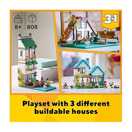  LEGO Creator 3 in 1 Cozy House Building Kit, Rebuild into 3 Different Houses, includes Family Minifigures and Accessories, DIY Building Toy Ideas for Outdoor Play for Kids, Boys and Girls, 31139