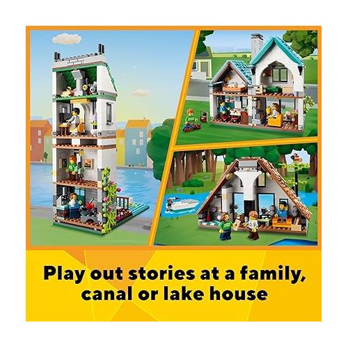  LEGO Creator 3 in 1 Cozy House Building Kit, Rebuild into 3 Different Houses, includes Family Minifigures and Accessories, DIY Building Toy Ideas for Outdoor Play for Kids, Boys and Girls, 31139