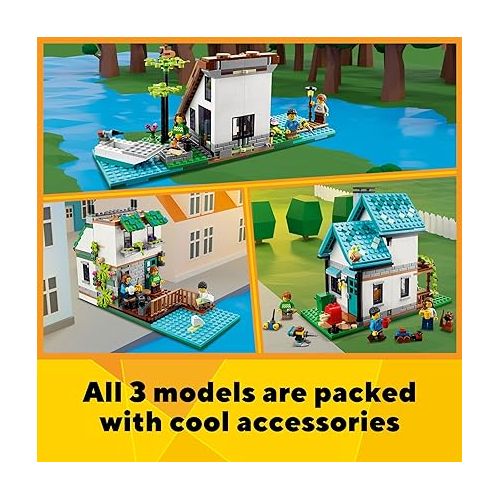  LEGO Creator 3 in 1 Cozy House Building Kit, Rebuild into 3 Different Houses, includes Family Minifigures and Accessories, DIY Building Toy Ideas for Outdoor Play for Kids, Boys and Girls, 31139