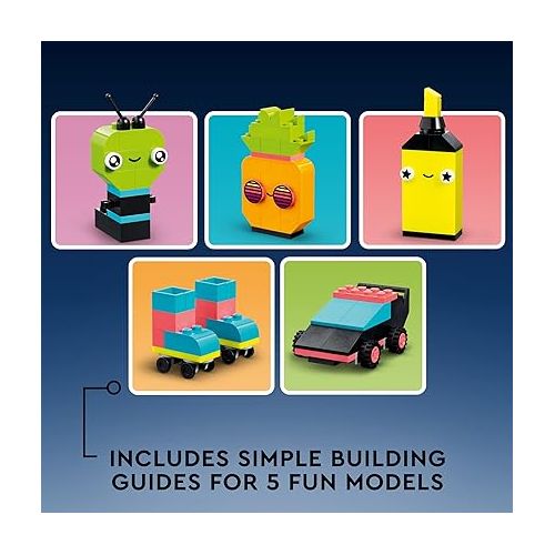  LEGO Classic Creative Neon Colors Fun Brick Box Set 11027, Building Toy to Create a Car, Pineapple, Alien, Roller Skates, and More, Hands-on Learning for Kids, Boys, Girls 5 Plus Years Old