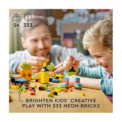  LEGO Classic Creative Neon Colors Fun Brick Box Set 11027, Building Toy to Create a Car, Pineapple, Alien, Roller Skates, and More, Hands-on Learning for Kids, Boys, Girls 5 Plus Years Old