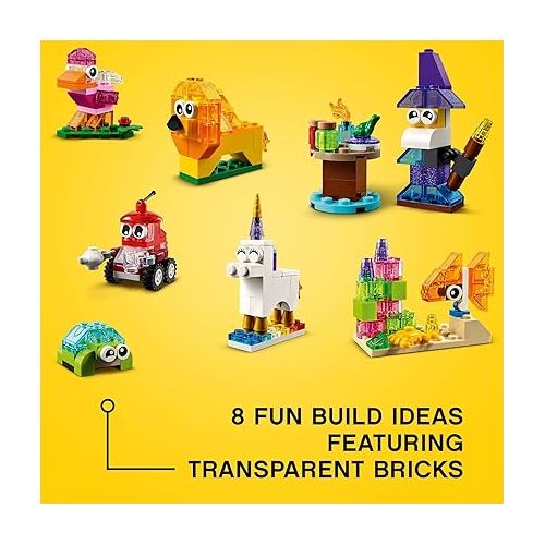  LEGO Classic Creative Transparent Bricks Building Set 11013 for Girls and Boys, STEM Toy and Preschool Hands-On Learning Toy, Includes Wizard, Unicorn, Lion, Bird, and Turtle