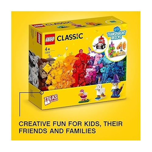  LEGO Classic Creative Transparent Bricks Building Set 11013 for Girls and Boys, STEM Toy and Preschool Hands-On Learning Toy, Includes Wizard, Unicorn, Lion, Bird, and Turtle