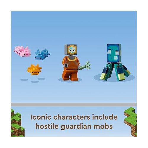  LEGO Minecraft The Guardian Battle Toy Building Set 21180 Underwater Ocean Theme with Minecraft Mobs Figures, Build a Coral Reef, Find Hidden Treasure, Birthday Gifts Idea for Kids, Boys, Girls Age 8+