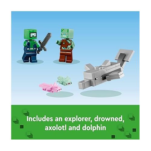  LEGO Minecraft The Axolotl House 21247 Building Toy Set, Creative Adventures at a Colorful Underwater Base, Includes a Diver Explorer, Dolphin, Drowned and More, Minecraft Toy for 7 Year Old Kids