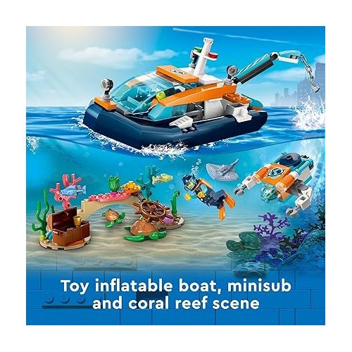  LEGO City Explorer Diving Boat 60377 Ocean Building Toy, Includes a Coral Reef Setting, Mini-Submarine, 3 Minifigures and Manta Ray, Shark, Crab, 2 Fish and 2 Turtle Figures