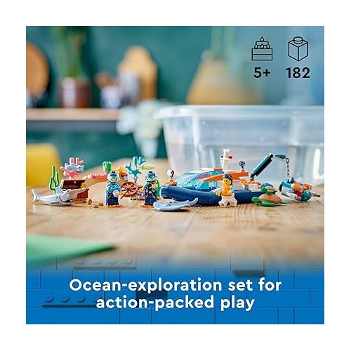  LEGO City Explorer Diving Boat 60377 Ocean Building Toy, Includes a Coral Reef Setting, Mini-Submarine, 3 Minifigures and Manta Ray, Shark, Crab, 2 Fish and 2 Turtle Figures