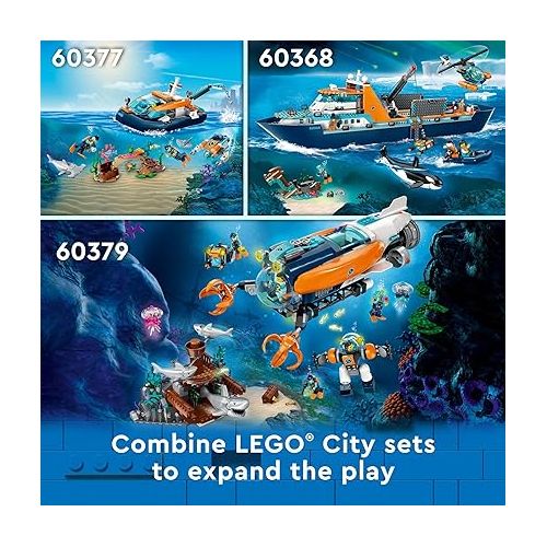  LEGO City Explorer Diving Boat 60377 Ocean Building Toy, Includes a Coral Reef Setting, Mini-Submarine, 3 Minifigures and Manta Ray, Shark, Crab, 2 Fish and 2 Turtle Figures