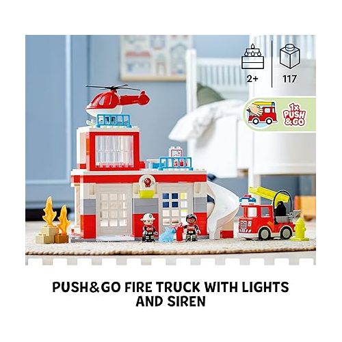  LEGO DUPLO Fire Station & Helicopter Playset 10970, with Push & Go Truck Toy for Toddlers, Boys and Girls 2 Plus Years Old, Large Bricks Educational Learning Toys