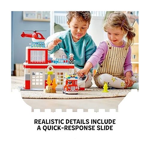  LEGO DUPLO Fire Station & Helicopter Playset 10970, with Push & Go Truck Toy for Toddlers, Boys and Girls 2 Plus Years Old, Large Bricks Educational Learning Toys