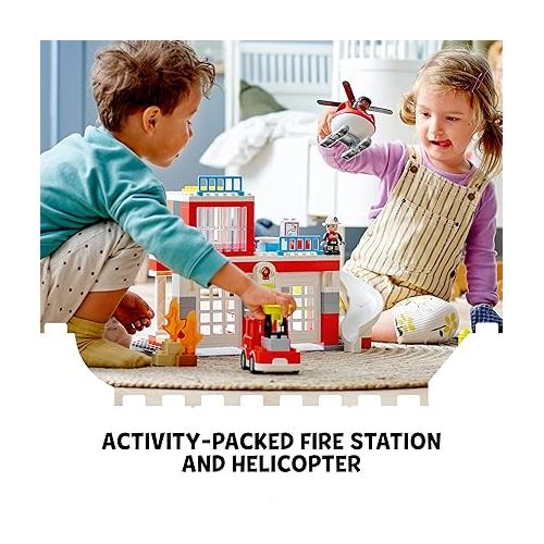  LEGO DUPLO Fire Station & Helicopter Playset 10970, with Push & Go Truck Toy for Toddlers, Boys and Girls 2 Plus Years Old, Large Bricks Educational Learning Toys