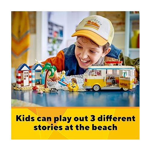  LEGO Creator 3 in 1 Beach Camper Van Building Kit, Transforms from a Campervan to Ice Cream Shop to Beach House, Great Gift for Surfer Boys and Girls, Pretend Play Beach Life, 31138