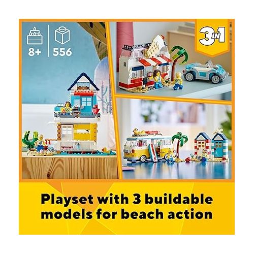  LEGO Creator 3 in 1 Beach Camper Van Building Kit, Transforms from a Campervan to Ice Cream Shop to Beach House, Great Gift for Surfer Boys and Girls, Pretend Play Beach Life, 31138