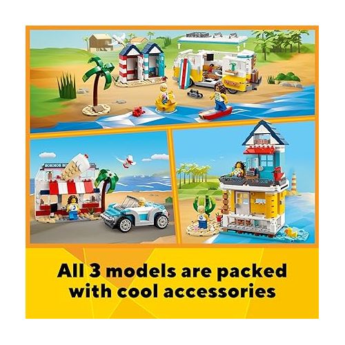  LEGO Creator 3 in 1 Beach Camper Van Building Kit, Transforms from a Campervan to Ice Cream Shop to Beach House, Great Gift for Surfer Boys and Girls, Pretend Play Beach Life, 31138