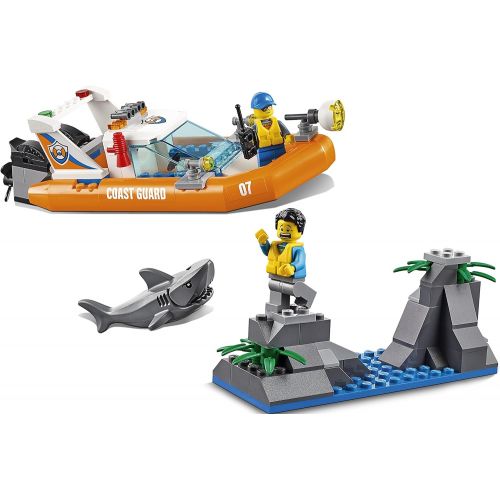  LEGO City 60168 Sailboat Rescue Building Toy With Boats That Really Float. Includes: Coast Guard Rescue Boat, Sailboat, Rock Island, 2 Minifigures, 1 Shark Minifigure. 195 Pieces.