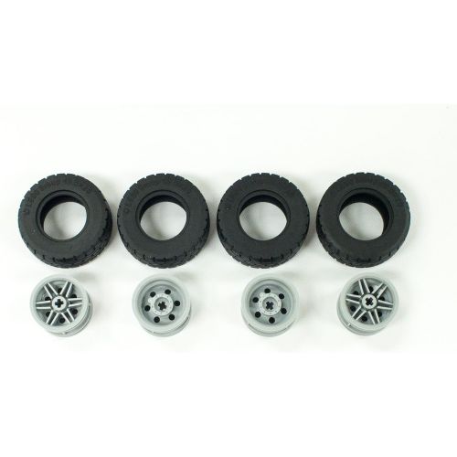  LEGO New Black Tire 49.5x20 (x4) and Light Bluish Gray Wheel 30.4mm x 20mm (x4)