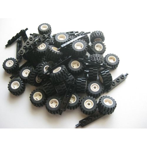  LEGO City Complete Wheel Assembly Lot, 20 Black Axles, 40 Black Rubber Tires, 40 White Wheels