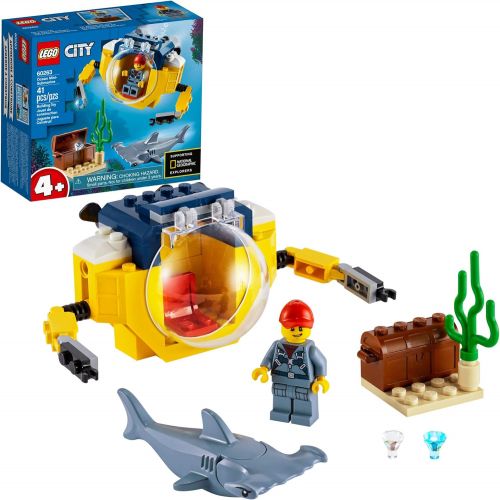  LEGO City Ocean Mini-Submarine 60263, Underwater Playset, Featuring a Toy Submarine, Pirate Treasure Chest, Hammerhead Shark Figure and a Pilot Minifigure, Great Gift for Kids, New