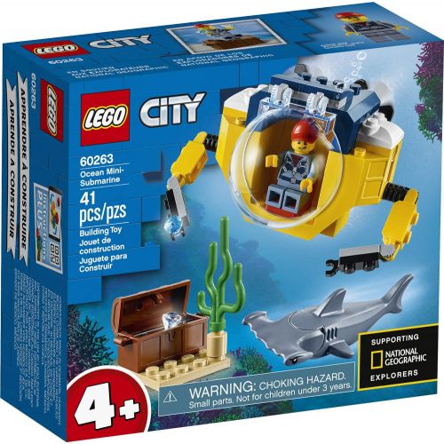  LEGO City Ocean Mini-Submarine 60263, Underwater Playset, Featuring a Toy Submarine, Pirate Treasure Chest, Hammerhead Shark Figure and a Pilot Minifigure, Great Gift for Kids, New