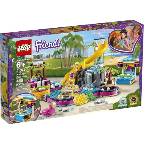  LEGO Friends Andreas Pool Party 41374 Toy Pool Building Set with Andrea and Stephanie Mini Dolls for Pretend Play, Includes Toy Juice Bar and Wave Machine (468 Pieces)