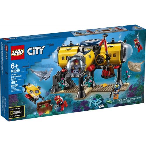  LEGO City Ocean Exploration Base Playset 60265, with Submarine, Underwater Drone, Diver, Sub Pilot, Scientist and 2 Diver Minifigures, Plus Stingray and Hammerhead Shark Figures, N