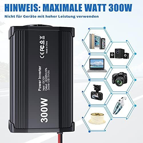  [아마존베스트]-Service-Informationen 300 W Car Voltage Converter 12 V 24 V to 230 V Inverter Car Power Converter Inverter Car Adapter with Cigarette Lighter Charger + EU Socket + 2 USB Ports Car Charger