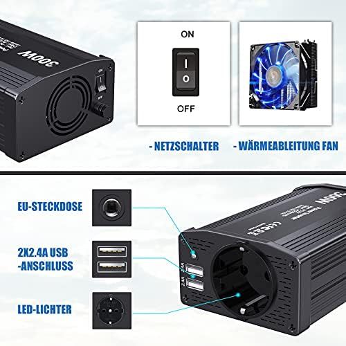  [아마존베스트]-Service-Informationen 300 W Car Voltage Converter 12 V 24 V to 230 V Inverter Car Power Converter Inverter Car Adapter with Cigarette Lighter Charger + EU Socket + 2 USB Ports Car Charger