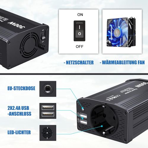  [아마존베스트]-Service-Informationen 300 W Car Voltage Converter 12 V 24 V to 230 V Inverter Car Power Converter Inverter Car Adapter with Cigarette Lighter Charger + EU Socket + 2 USB Ports Car Charger