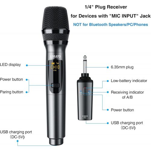  Wireless Microphone, LEKATO K380S Rechargeable Wireless Microphone Receiver 1/4 Plug, Metal Dual Handheld Dynamic Mic for AMP, PA System, Karaoke, Singing, Wedding, Party, Church