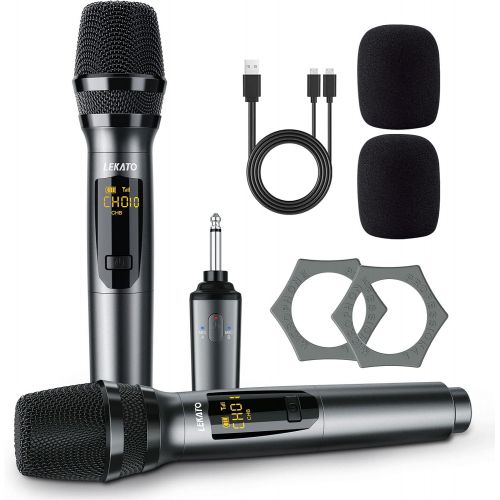 Wireless Microphone, LEKATO K380S Rechargeable Wireless Microphone Receiver 1/4 Plug, Metal Dual Handheld Dynamic Mic for AMP, PA System, Karaoke, Singing, Wedding, Party, Church