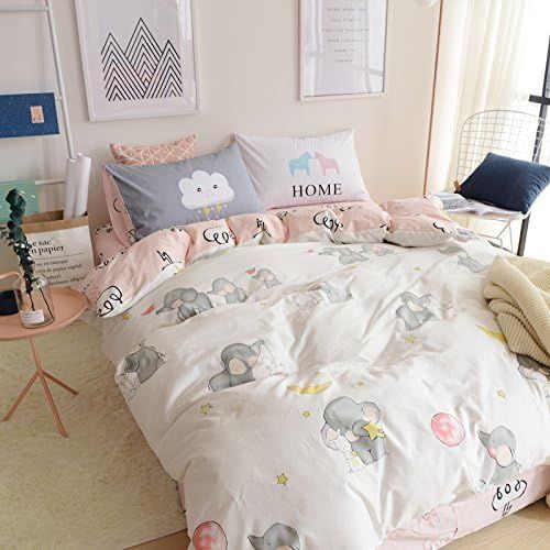  LELVA Elephant Bedding Girls Duvet Cover Set with Fitted Sheets 4 Piece Kids Bedding Queen Cotton