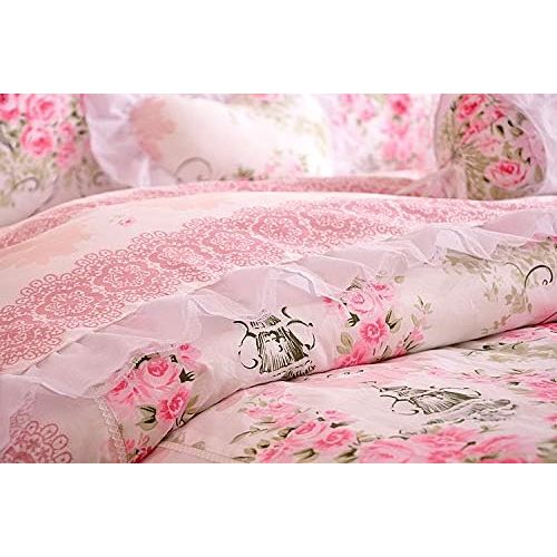  LELVA Girls Bedding Set Lace Ruffle Duvet Cover Sets with Bed Skirt Princess Bedding Set Vintage Floral Print Duvet Cover King Size 4 Piece (King, White)