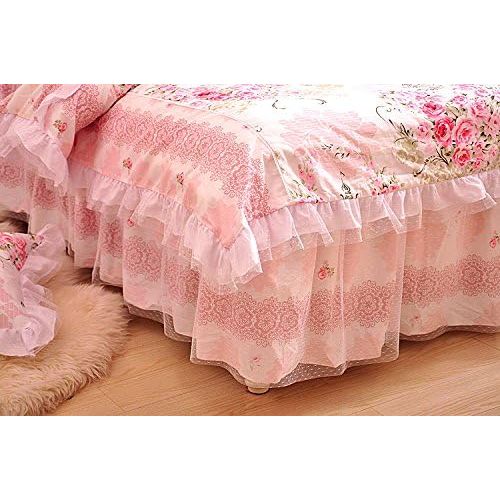  LELVA Girls Bedding Set Lace Ruffle Duvet Cover Sets with Bed Skirt Princess Bedding Set Vintage Floral Print Duvet Cover King Size 4 Piece (King, White)