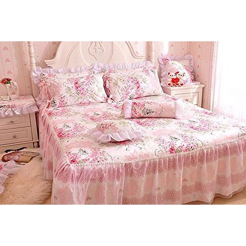  LELVA Girls Bedding Set Lace Ruffle Duvet Cover Sets with Bed Skirt Princess Bedding Set Vintage Floral Print Duvet Cover King Size 4 Piece (King, White)