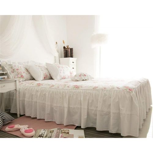  LELVA Girls Bedding Set Lace Ruffle Duvet Cover Sets with Bed Skirt Princess Bedding Set Vintage Floral Print Duvet Cover King Size 4 Piece (King, White)