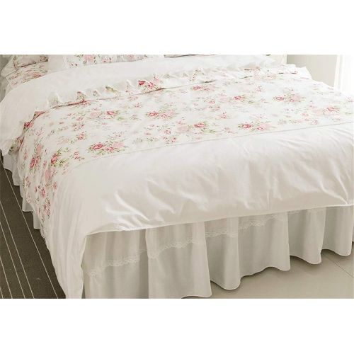  LELVA Girls Bedding Set Lace Ruffle Duvet Cover Sets with Bed Skirt Princess Bedding Set Vintage Floral Print Duvet Cover King Size 4 Piece (King, White)