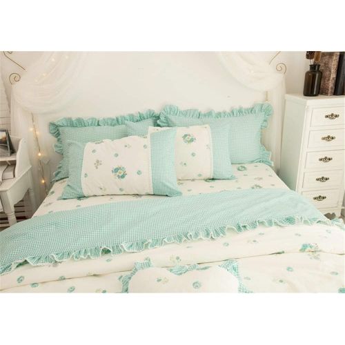  LELVA Girls Bedding Set Lace Ruffle Duvet Cover Sets with Bed Skirt Princess Bedding Set Vintage Floral Print Duvet Cover King Size 4 Piece (King, White)