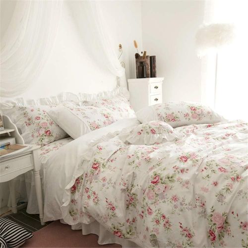  LELVA Girls Bedding Set Lace Ruffle Duvet Cover Sets with Bed Skirt Princess Bedding Set Vintage Floral Print Duvet Cover King Size 4 Piece (King, White)