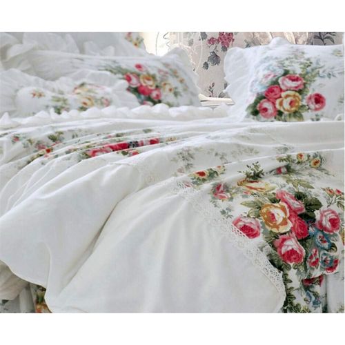  LELVA Girls Bedding Set Lace Ruffle Duvet Cover Sets with Bed Skirt Princess Bedding Set Vintage Floral Print Duvet Cover King Size 4 Piece (King, White)