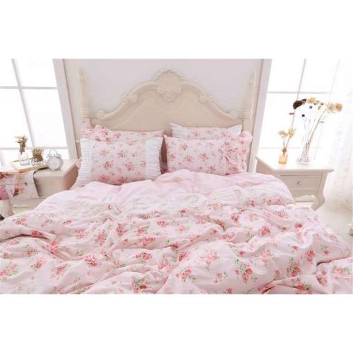  LELVA Girls Bedding Set Lace Ruffle Duvet Cover Sets with Bed Skirt Princess Bedding Set Vintage Floral Print Duvet Cover King Size 4 Piece (King, White)